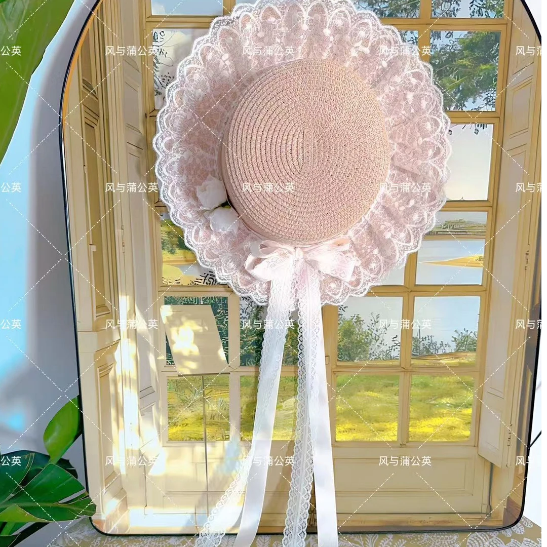 原创桃之夭夭草帽时尚新款遮阳帽编织宽檐帽子公主风夏季美式蕾丝