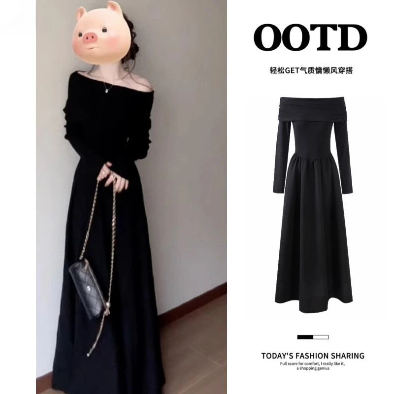法式黑色长袖连衣裙女小个子新款修身长裙子秋季高级感流光风