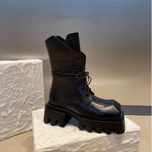 厚底马丁靴女真皮圆头系带短靴2024冬小个子高跟时装靴GD-2S1236