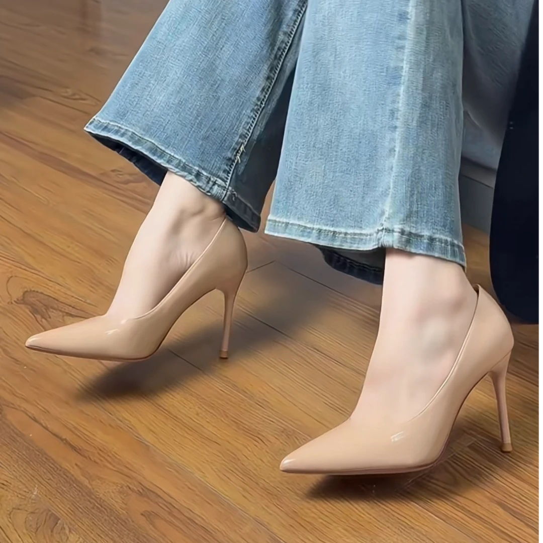 欧美性感裸色高跟鞋女2025春季新款御姐红底细跟尖头浅口通勤单鞋