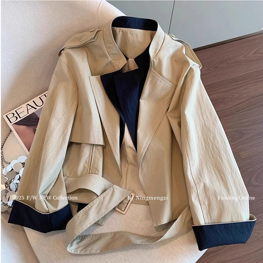 卡其色立领短款风衣外套女装2025秋冬新款设计感复古休闲拼色夹克