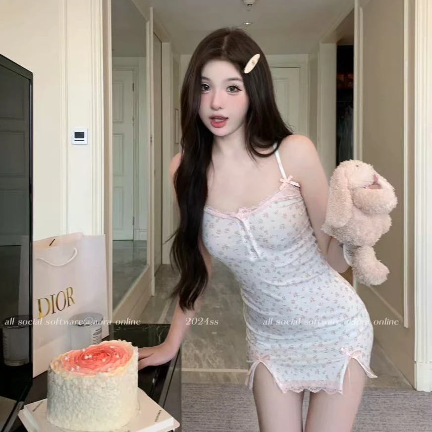 甜美纯欲短款吊带裙碎花裙性感睡裙包臀蕾丝带胸垫家居服修身显瘦