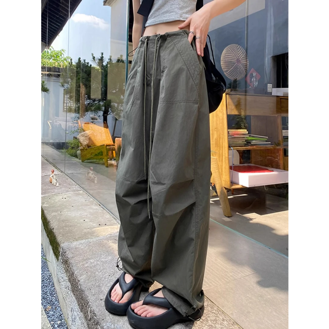 辣妹复古抽绳休闲裤女春装宽松百搭直筒工装裤美式低腰阔腿拖地裤