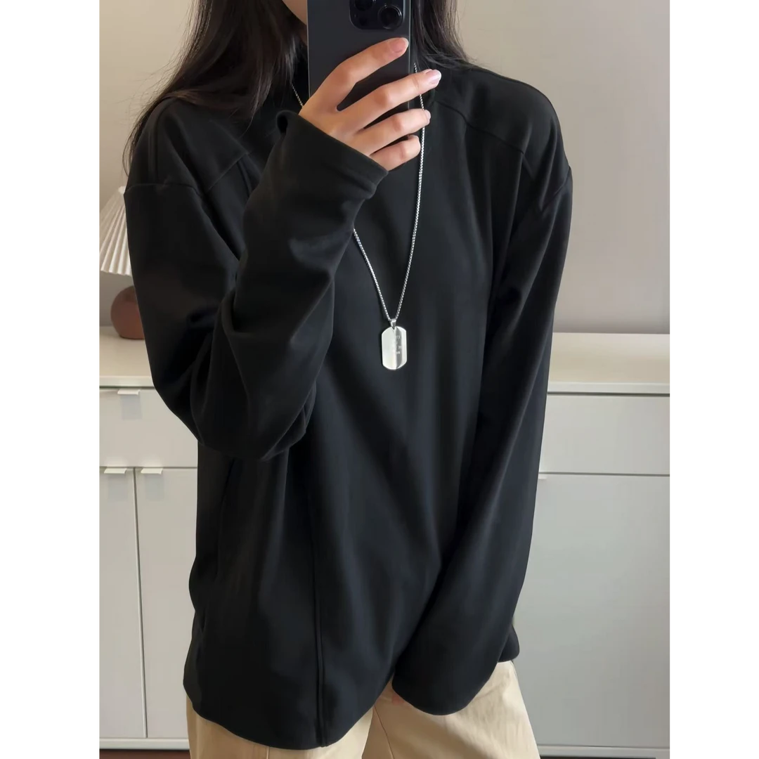 解构德绒小领口长袖T恤内搭打底衫男女情侣美式潮牌宽松纯色上衣