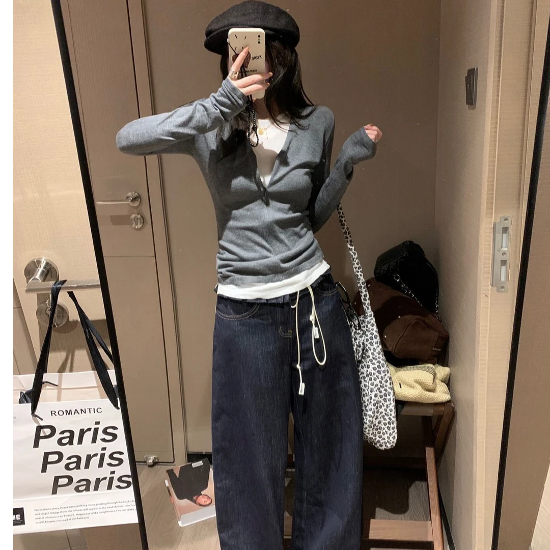 2025新款早秋休闲套装灰色拉链假两件针织打底衫女高腰显瘦裤子潮