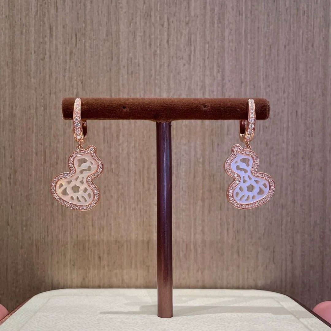 未使用 Qeelin 小花6欢 钻石 镂空 葫芦耳环 玫瑰金