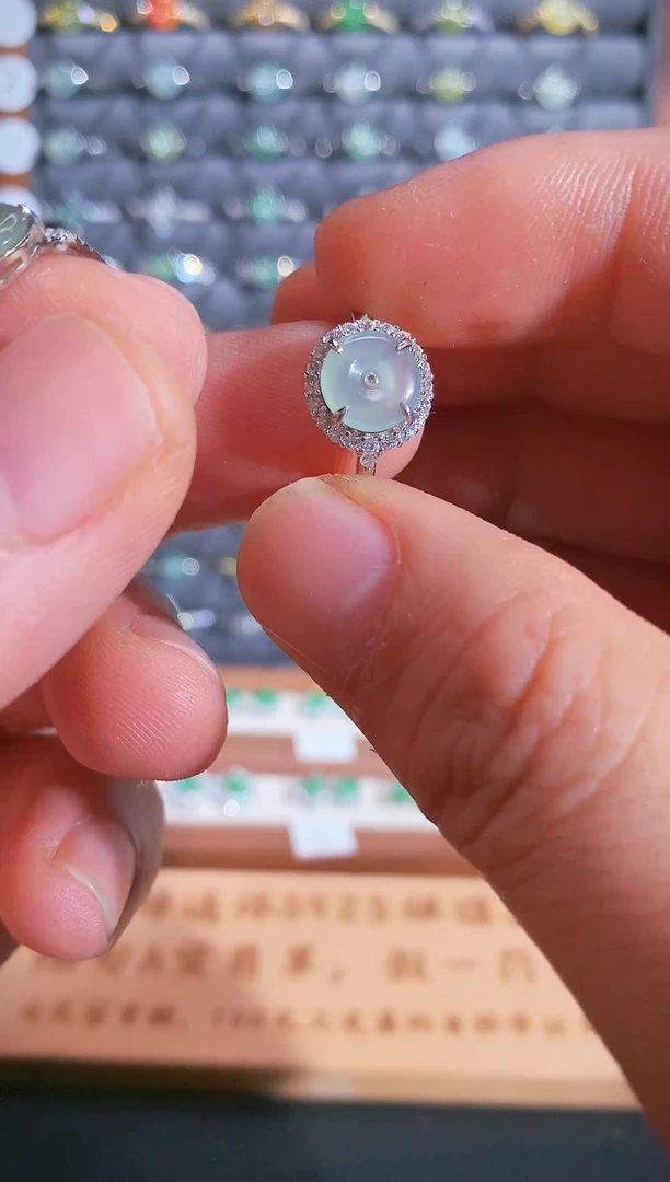 银S925镶嵌戒指翡翠S925银镶翡翠平安扣女饰品