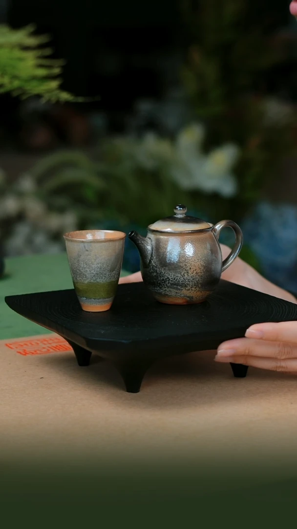 瓷片柴烧缸型壶一壶一杯