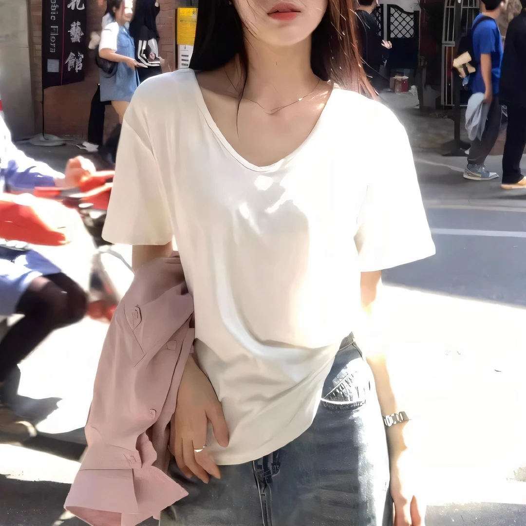 短袖T恤女网红白色时尚V领正肩夏季新款宽松百搭上衣女