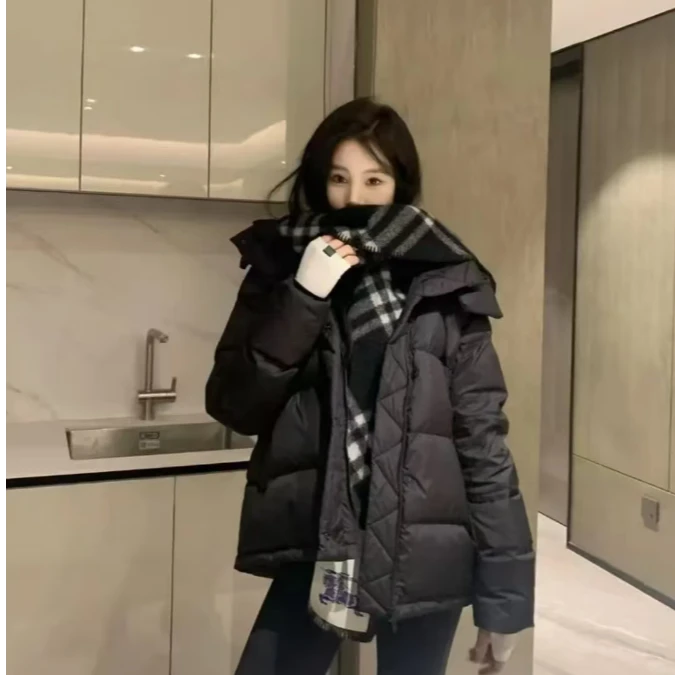 五格羽绒服外套百搭仙女低保和色气质立领连帽羽绒服