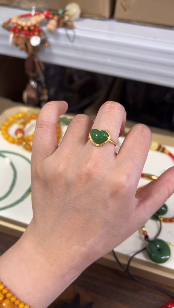 银S925镶嵌戒指和田玉和田碧玉爱心银镶嵌戒指[2595]