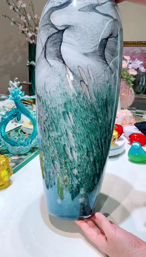 【闪购商品】琉璃手工艺品    灰绿水墨落地大花瓶微瑕