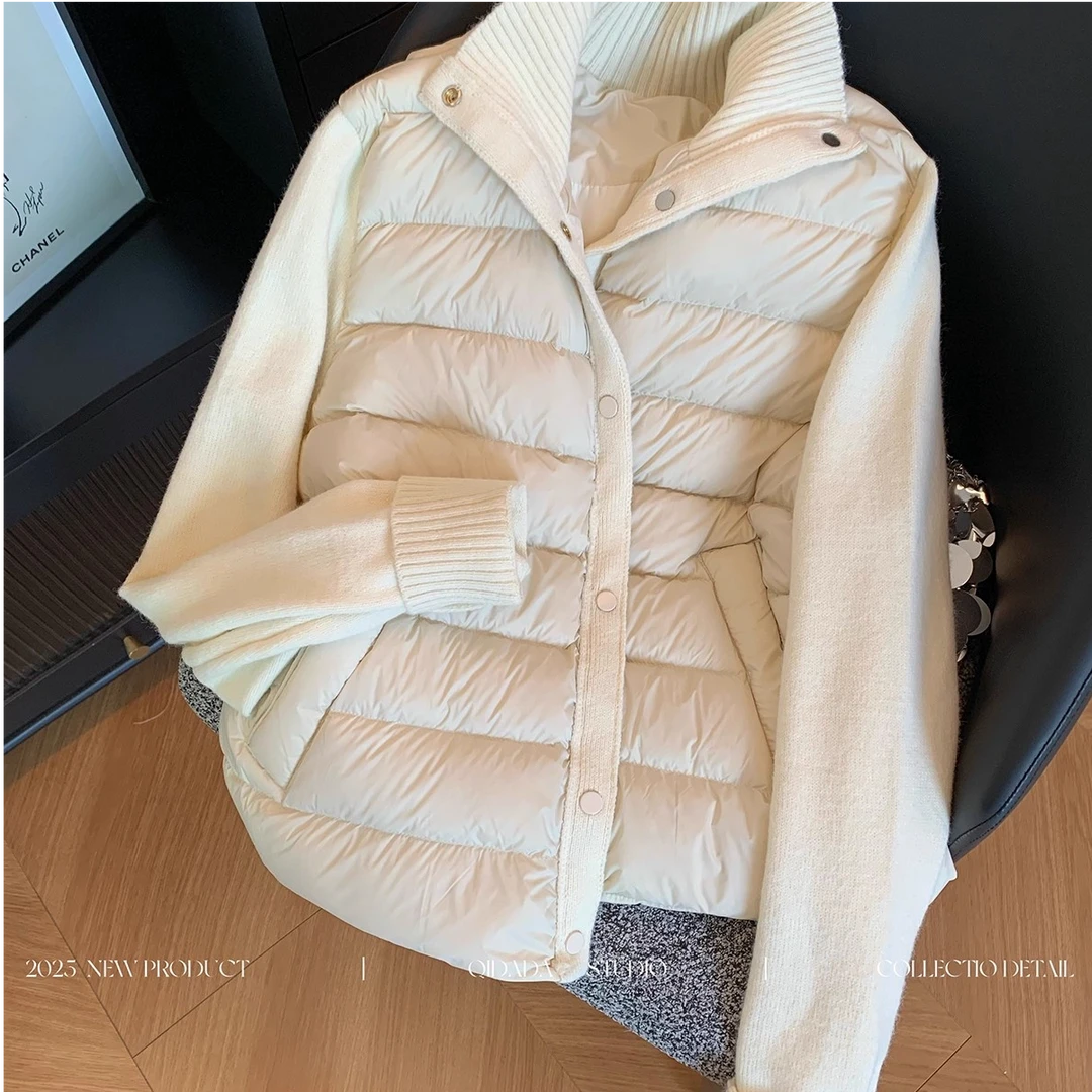 立领高端时尚针织拼接女2025年新款秋冬气质短款百搭棉服外套上衣