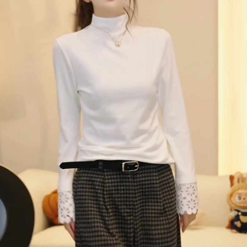时尚百搭重工设计感高领绣花拼接长袖内搭打底衫T恤上衣LK2508413