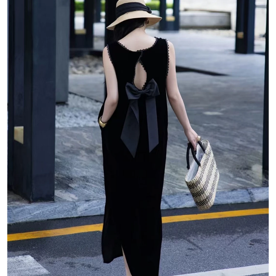 南油高定后背蝴蝶结钉珠真丝丝绒无袖背心裙直筒遮肚长款连衣裙夏