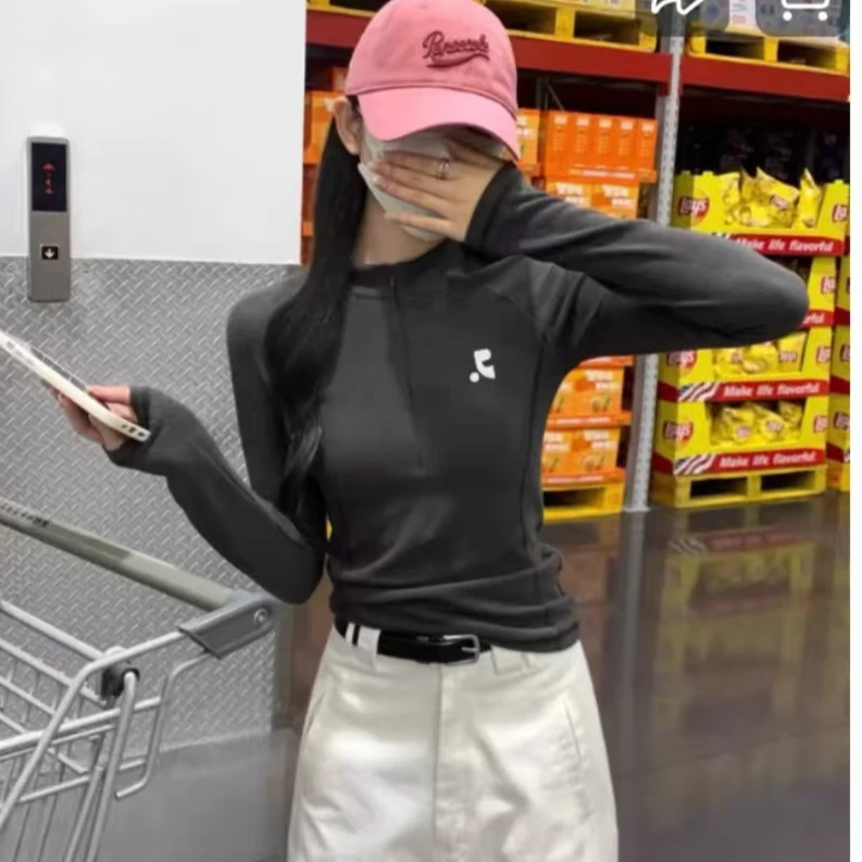 21665韩国字母印花立领长袖T恤德绒显瘦内搭打底衫女士上衣