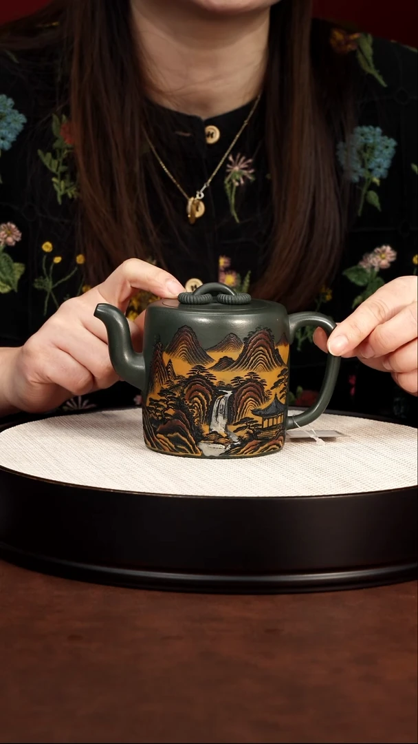 紫砂茶宠宜兴紫砂 彩陶刻双圈 绿泥