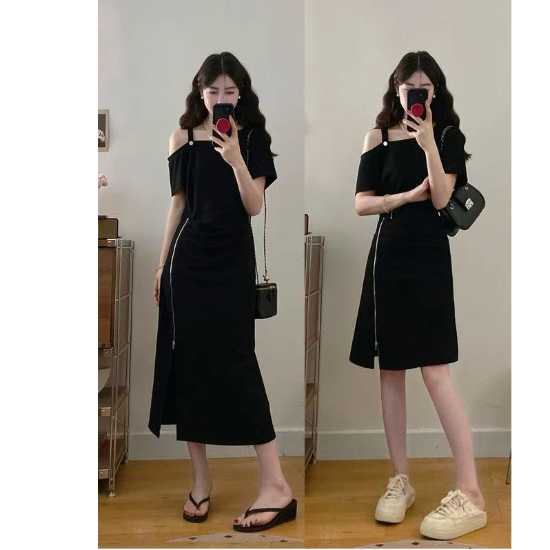 2025大码夏装女装设计感露肩短袖连衣裙藏肉显瘦气质闺蜜裙1607