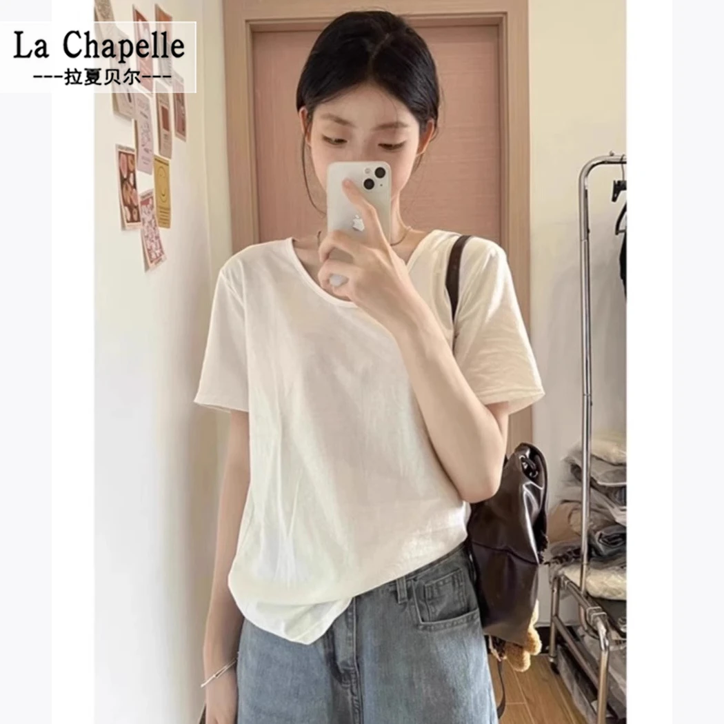 拉夏贝尔正肩V领短袖T恤女2025新款夏季百搭写雪花棉宽松显瘦上衣