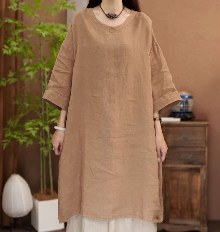 【原制原味】夏季新款5796汉麻文艺纯色单层V领宽松民族风袍子休闲