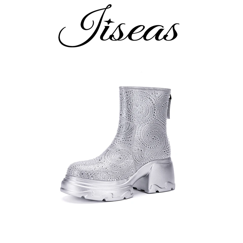 2024年时尚全钻马丁靴圆头银色水钻短靴增高14D3009
