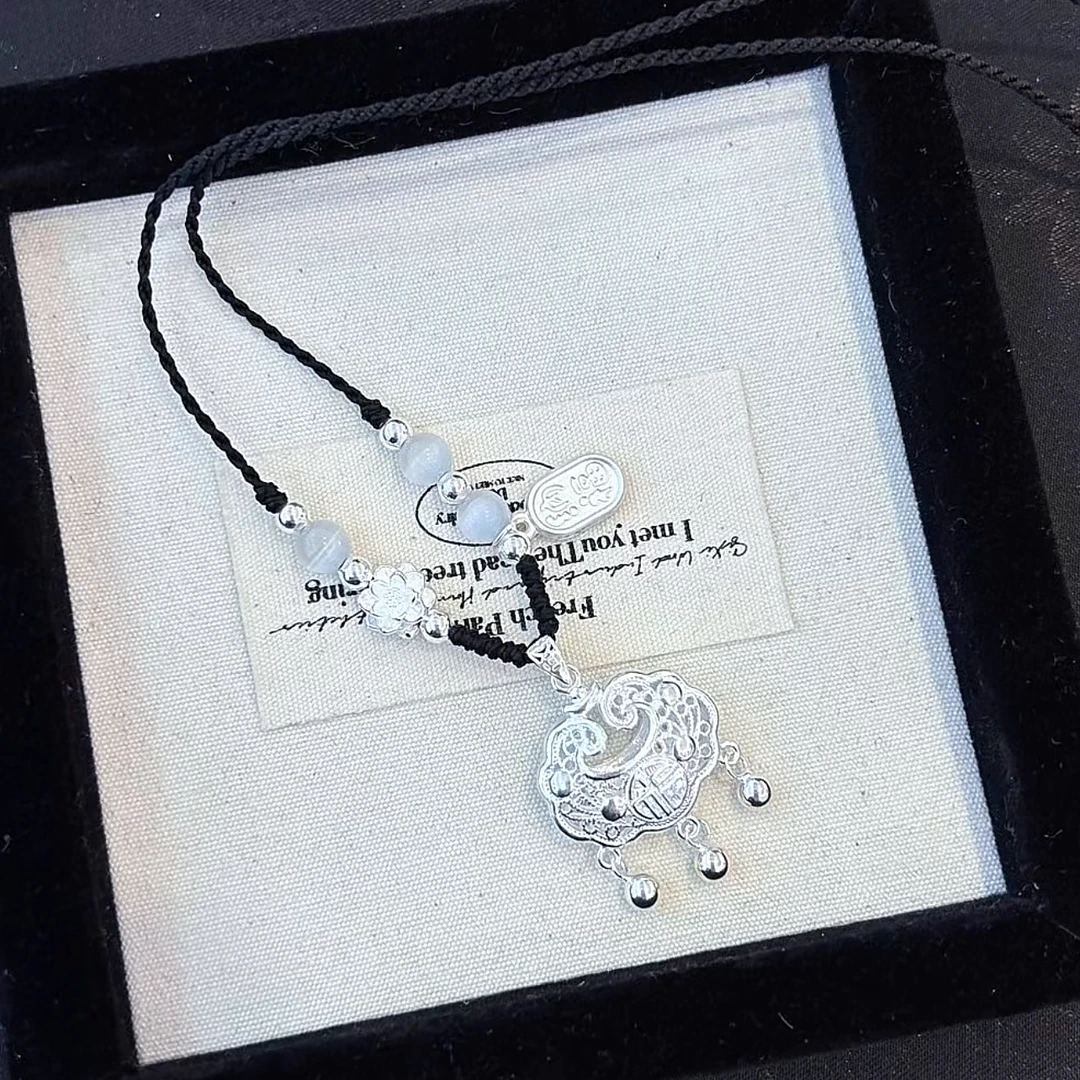 吊坠足银 足银999镂空平安锁项链女银锁纯银如意锁吊坠锁包