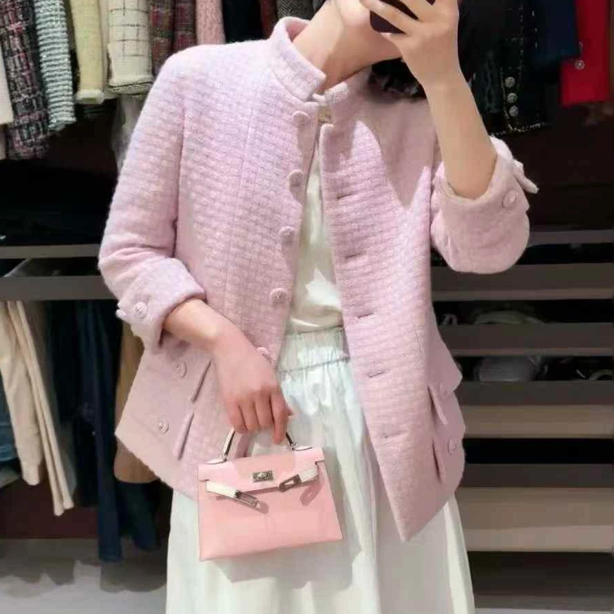 99新 Chanel/香奈儿 40码 粉色 立领 长袖 编织 外套