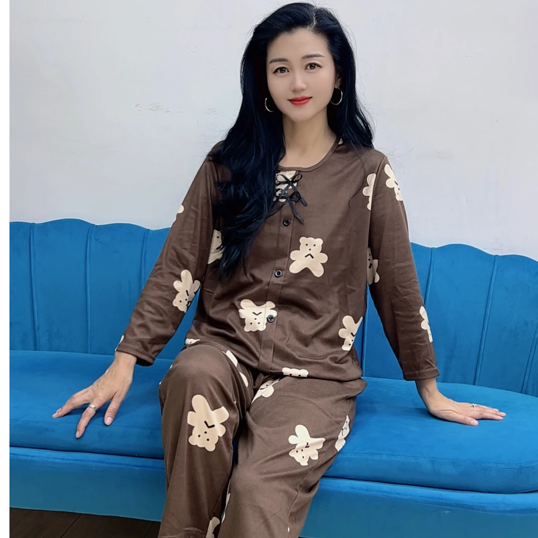 花女人2526洋气时尚长袖蝴蝶结休闲女士网红花色喜庆宽松家居套装