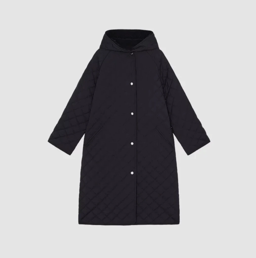 HUOHUO STUDIO 时尚简约连帽菱格丝羊毛长款鹅绒服经典保暖G1118