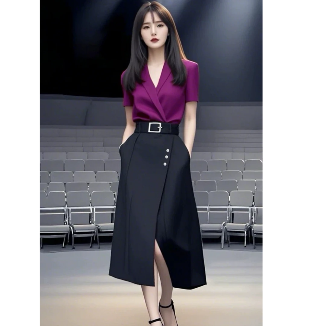 简约通勤梦幻风瑞丽风时尚套装西装法式高腰开叉裙子女神范