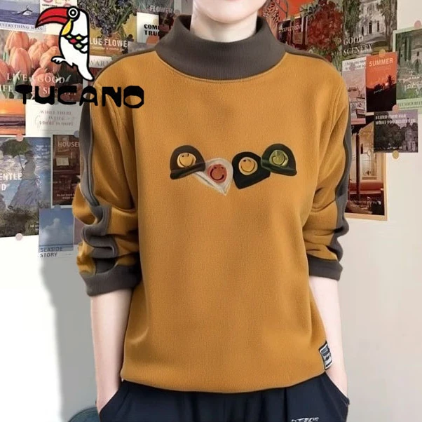 啄木鸟双面德绒秋冬新款休闲拼接T恤显瘦设计别致小众保暖上衣女