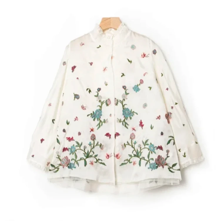 【刘姐专属】蕾丝刺绣立领真丝V领长袖衬衫长袖国风白色春季印花衬