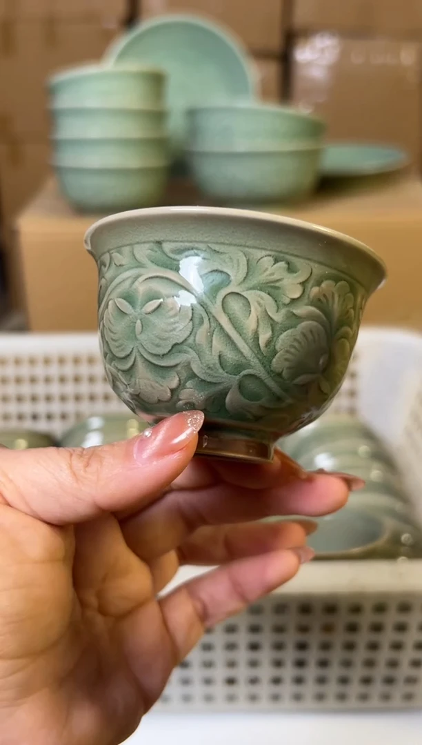 陶瓷耀州窑纯手工缠枝牡丹小压手杯正品一只