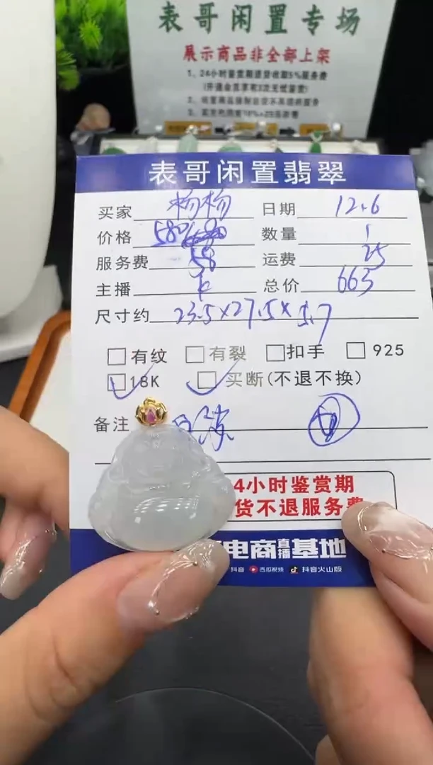 颈饰18K金镶嵌翡翠杨**生翡翠吊坠