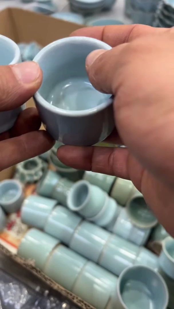 瓷片仿古月白纯手扳指杯瑕