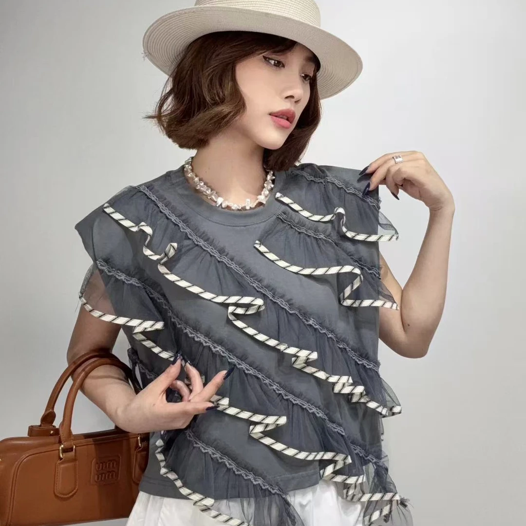 219#网纱木耳边砍袖T恤女2025新款夏季圆领套头短款无袖上衣