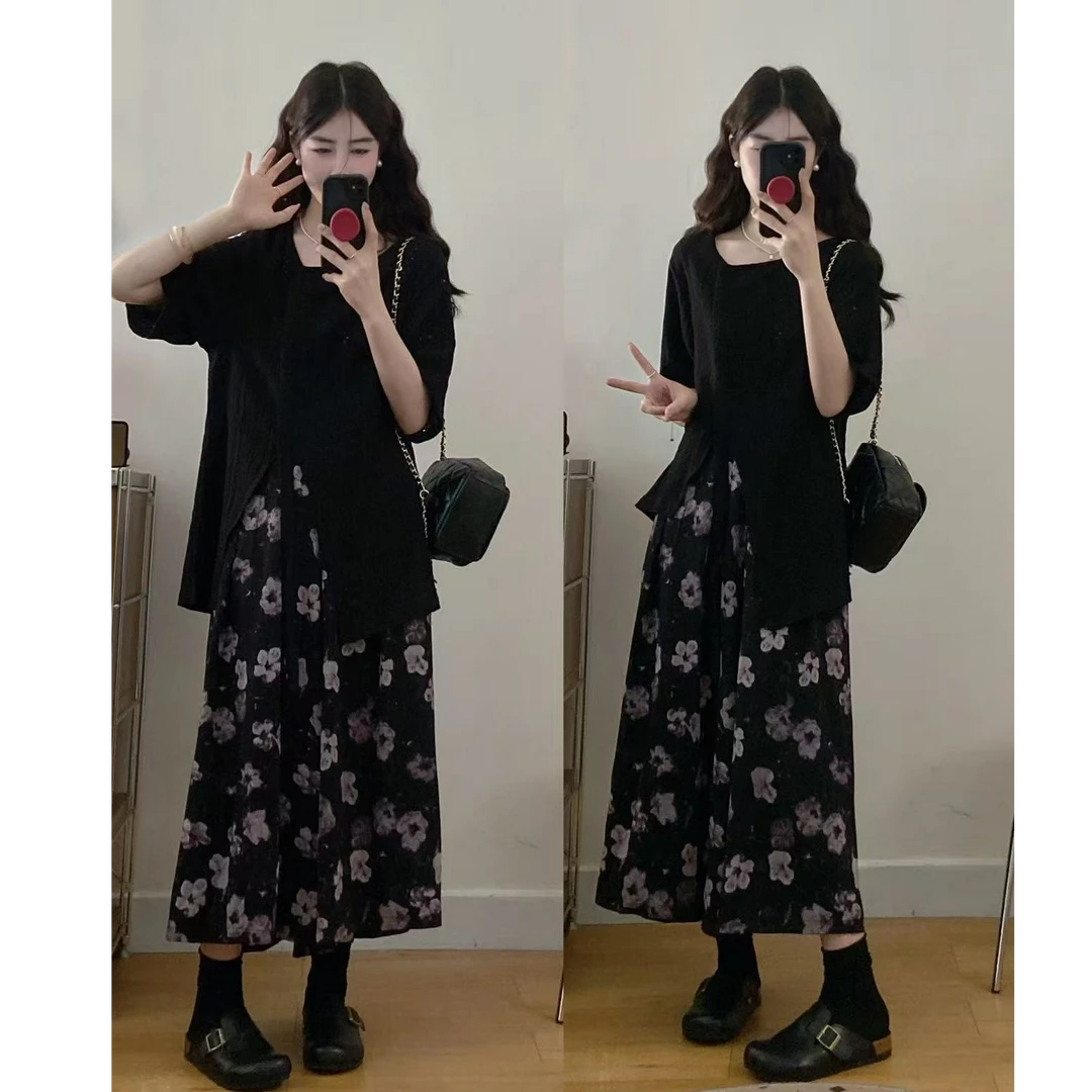 大码女装夏季新款设计感显瘦不规则上衣+阔腿裤裙两件套套装
