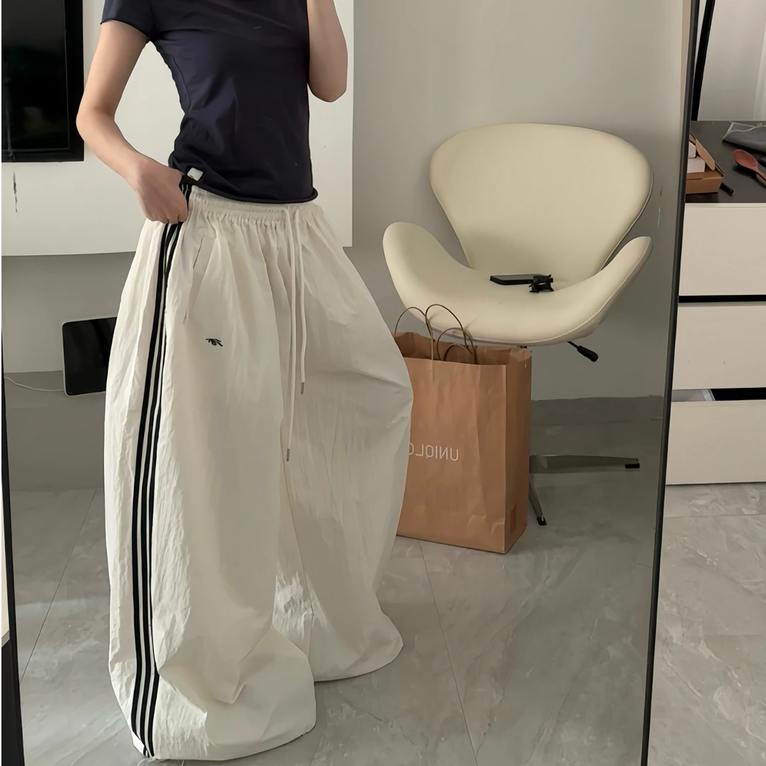 美式侧边三条杠速干伞兵裤女夏季2025新款抽绳宽松街舞阔腿工装裤