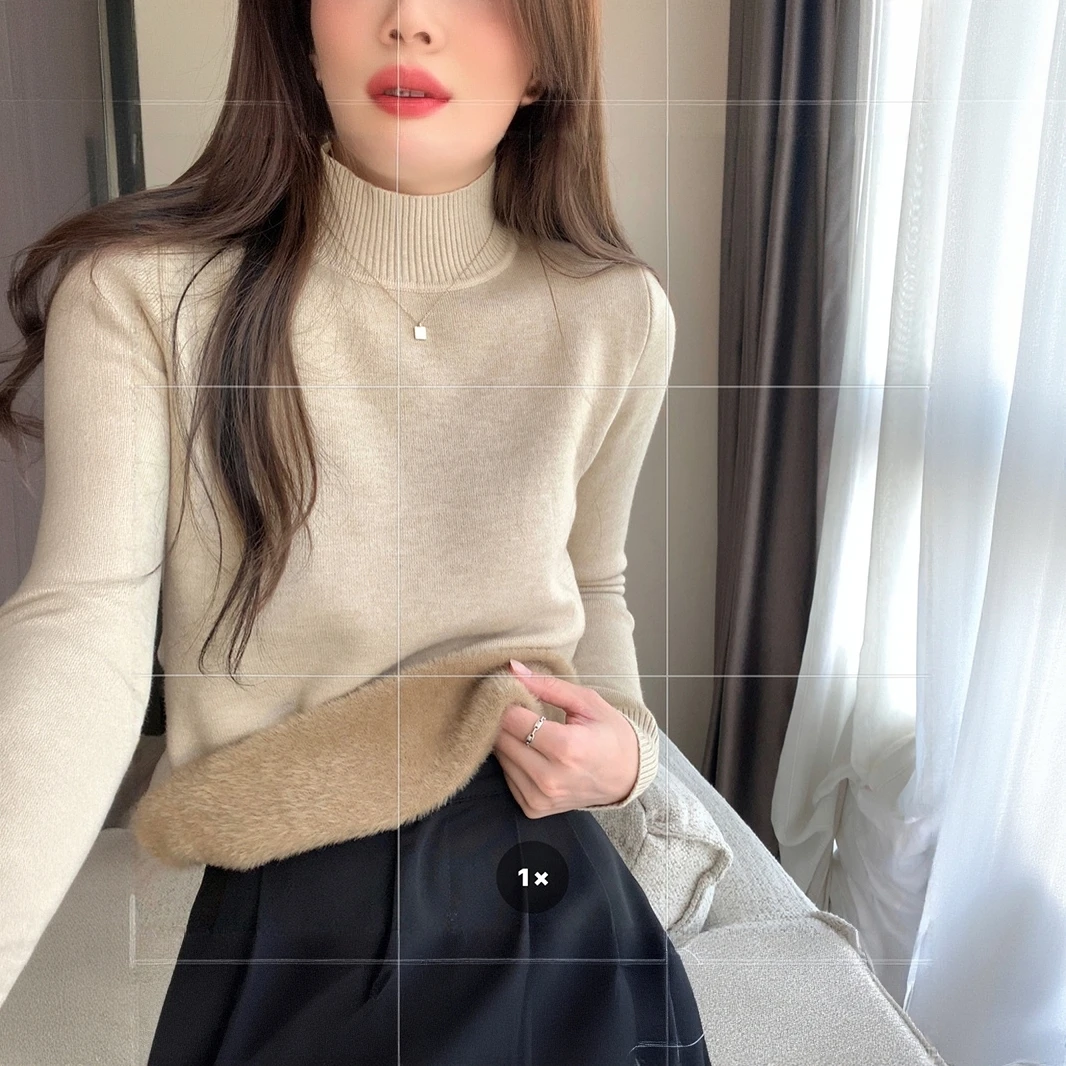 秋冬一体绒新款半高领打底衫毛衣女洋气精致粉色内搭加绒加厚上衣