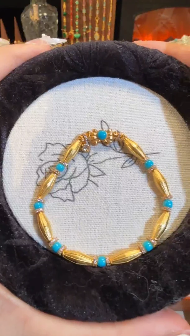 银S925镶嵌绿松石手链高瓷蓝金梭子蝴蝶结