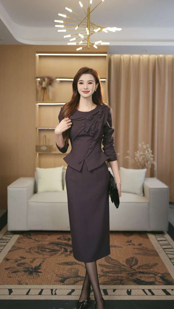 罗曼湾湾 高定原创设计气质时尚收腰深紫色上衣女+包臀裙套装