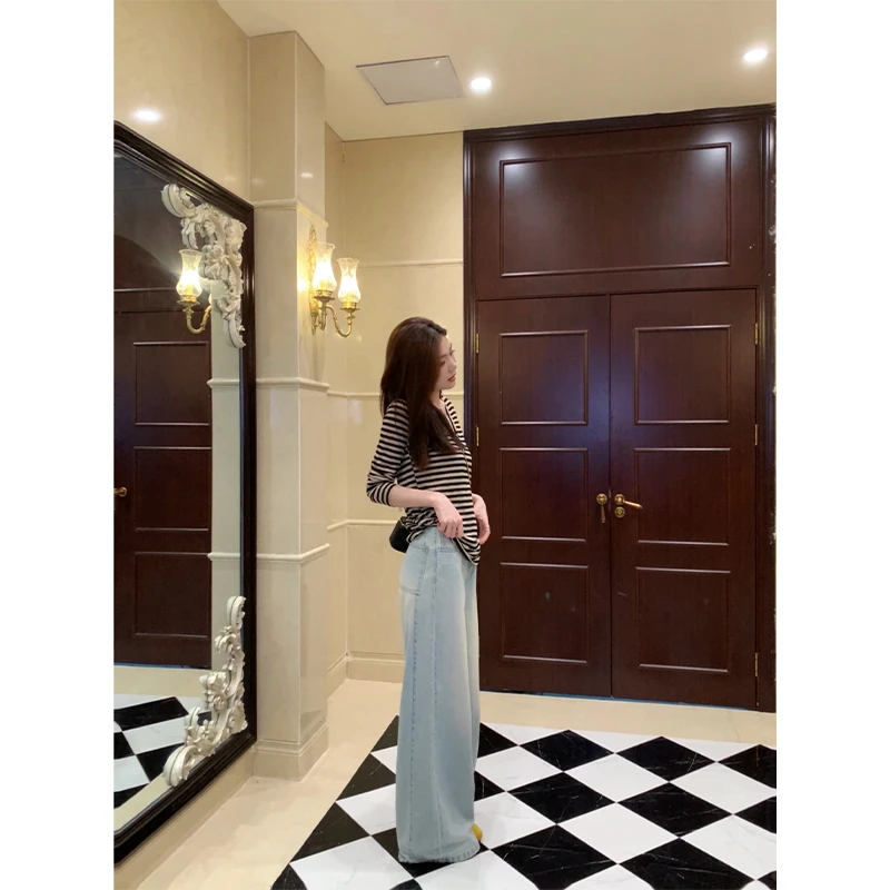 48h 腮红裤/加长美式复古水洗做旧直筒阔腿牛仔裤女 SP078