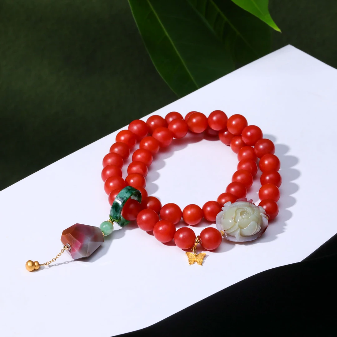 【意婵】“大超值”18K金天然保山南红双圈手链翡翠盐源-915666