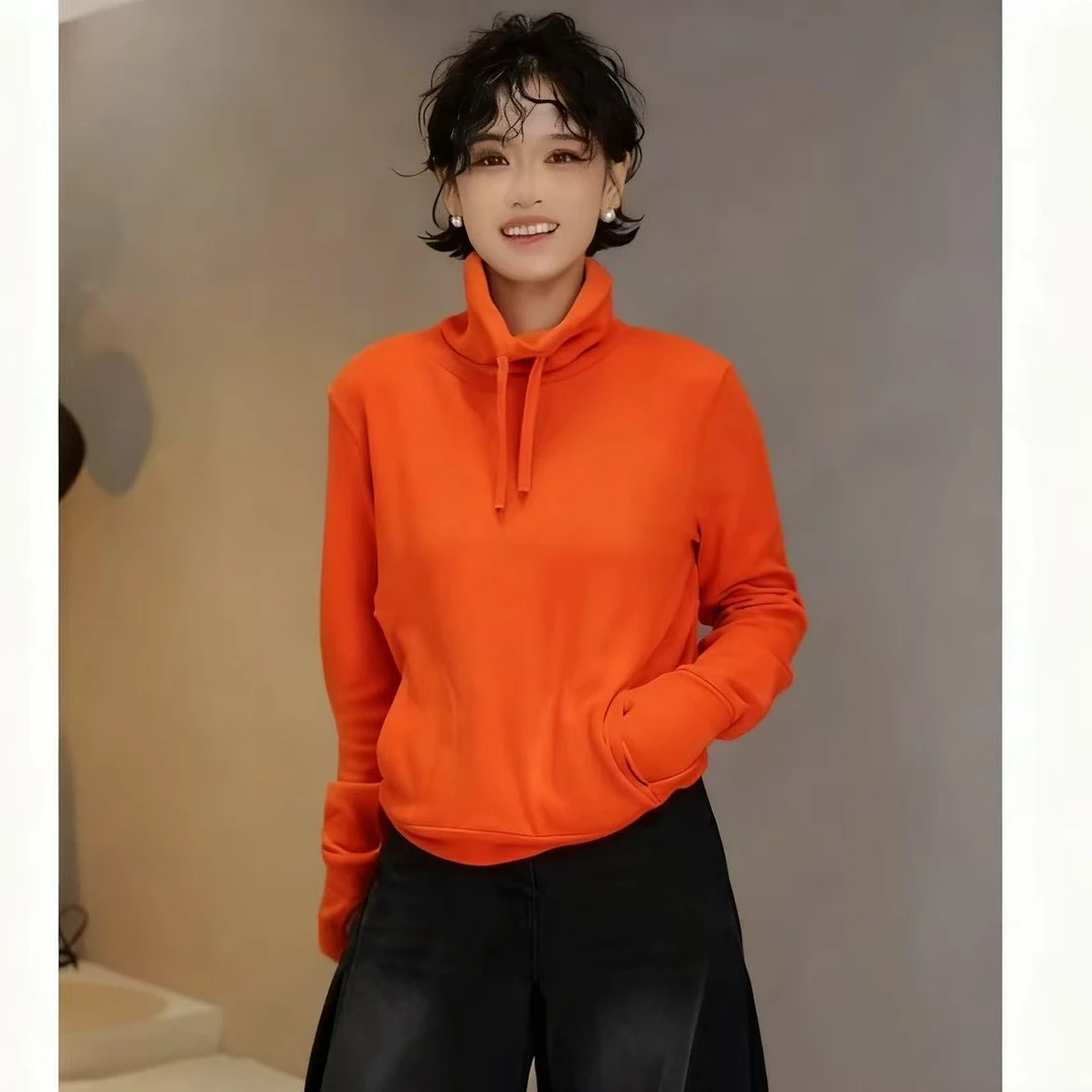 【双面绒套头】2025秋冬纯色简约半高领抽绳时尚百搭长袖套头上衣