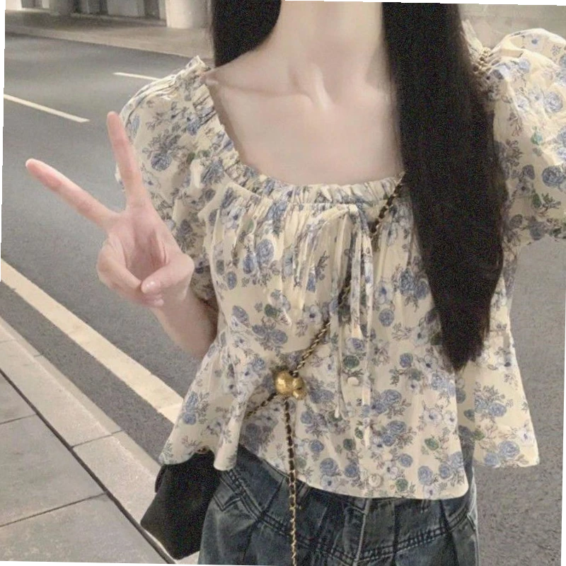 洋气短袖衬衫大码女装夏季胖衬衣短款小碎花方领小清新甜美上衣