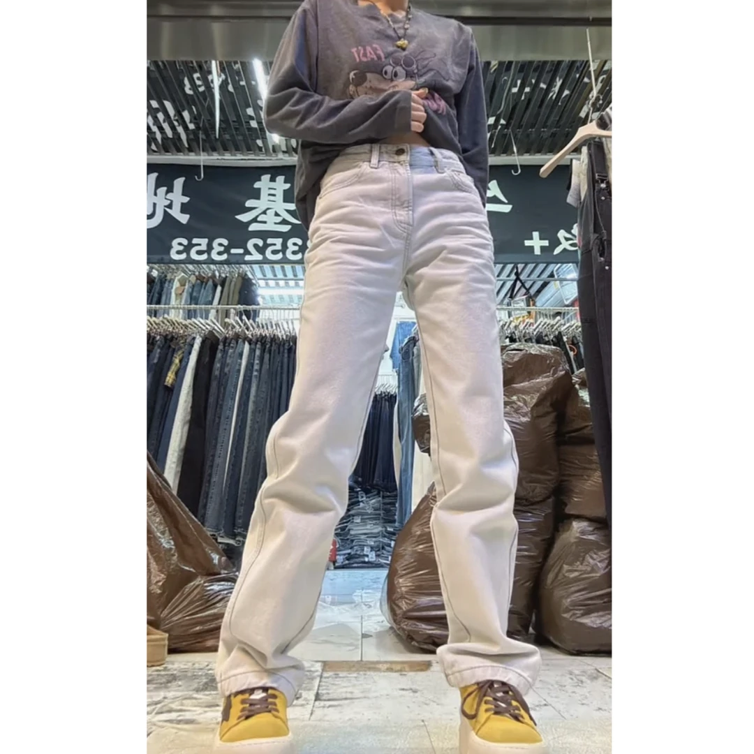 秋冬新款胖mm大码显瘦高腰浅白蓝抓毛无弹窄版牛仔裤女