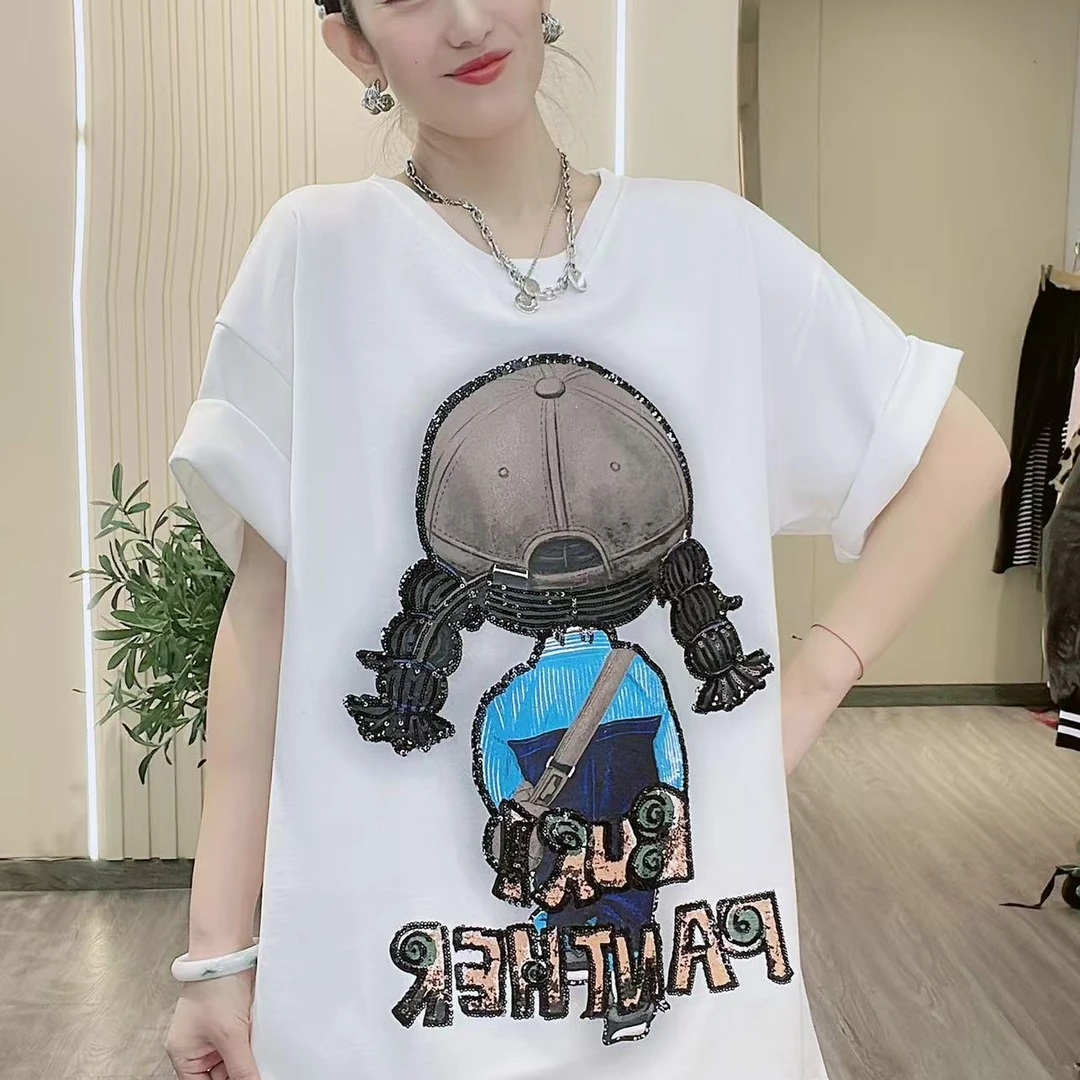 小辫子女孩烫钻工艺T恤