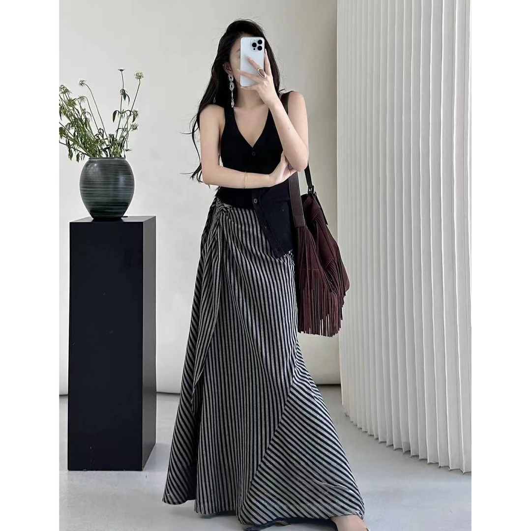 2025夏季新款条纹不规则绑带气质显高百搭半身裙8068