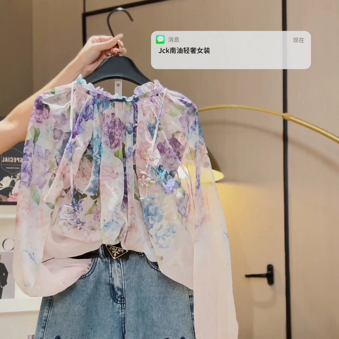 水墨夏季气质长袖衬衣清新扎染百搭衬衫宽松女长款上衣DP6241