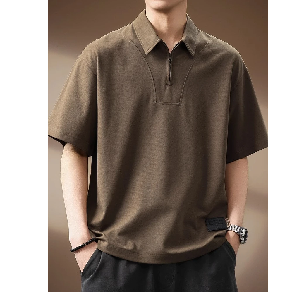曼库帕娅莱赛尔半拉链短袖Polo衫男2025夏季新款宽松质感T恤男